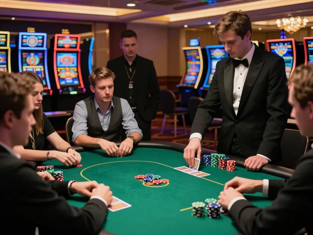 Engaging moment of gojekpot players in a casino, enjoying a dynamic poker game with colorful chips.