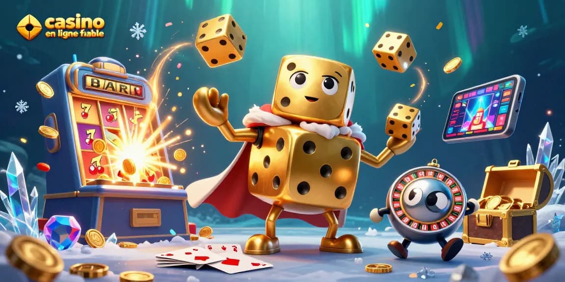 Jouez dans un casino en ligne fiable avec des dés d'or et des jeux passionnants, illustré en 3D.