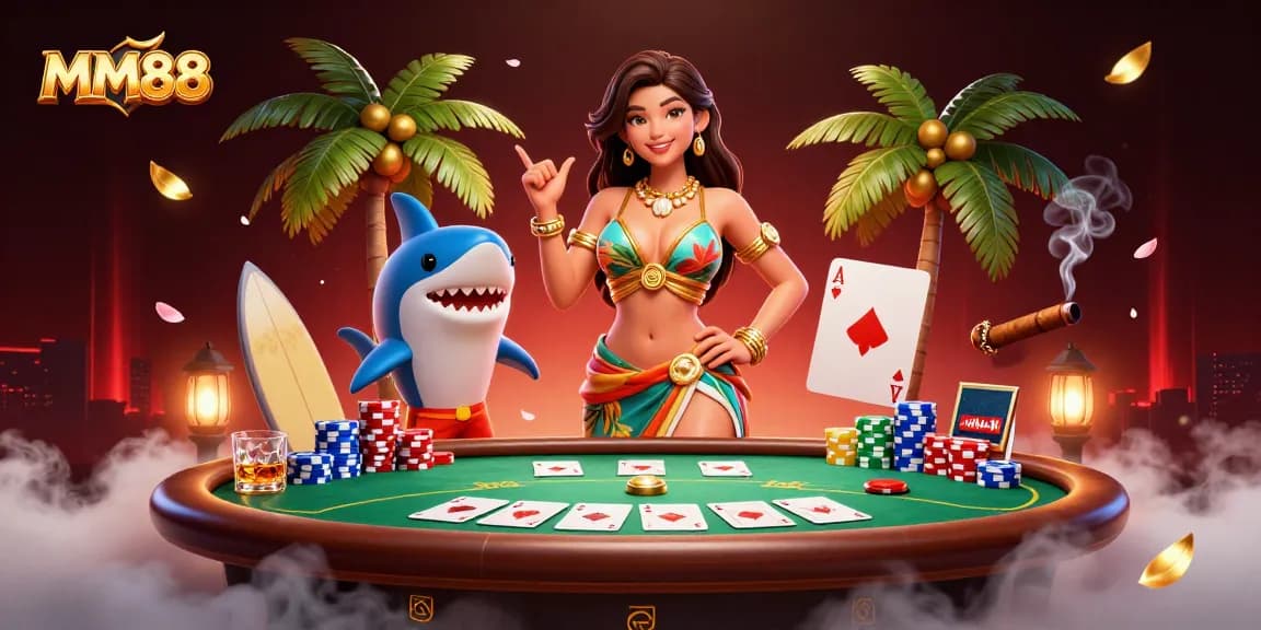 Engage with MM88’s vibrant casino vibe featuring thrilling poker action and a beach goddess.