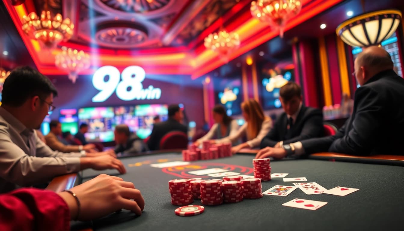 Experience the thrill of winning at 98win with vibrant poker chips and intense gameplay.