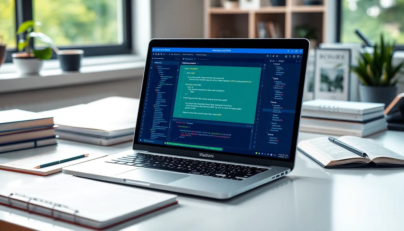 Showcasing a test automation tool interface on a laptop in a bright workspace.