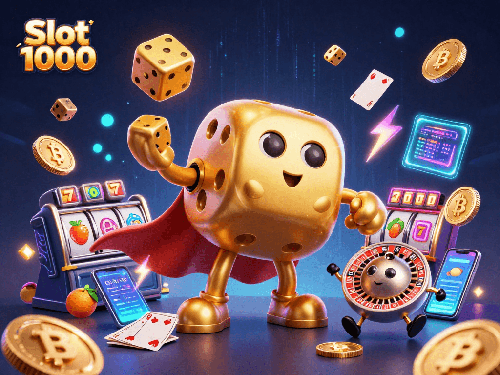 Engage with Slot 1000's thrilling gameplay through this vibrant 3D illustration of dazzling slot elements.