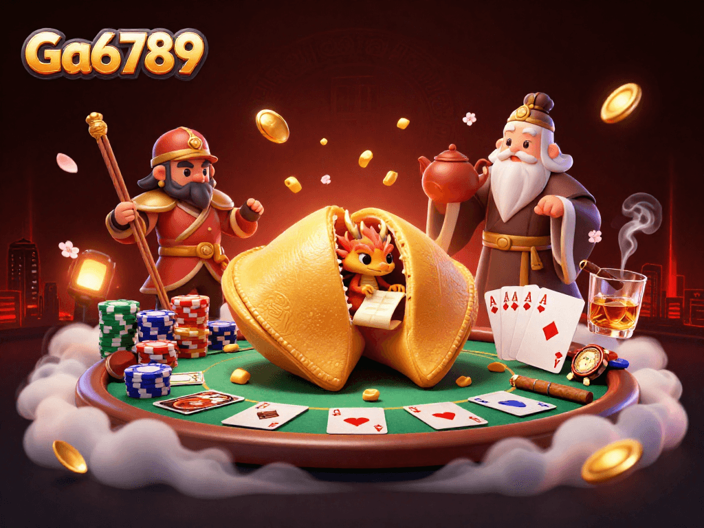 Engage in thrilling poker action with Ga6789's vibrant casino scene featuring a giant golden fortune cookie.