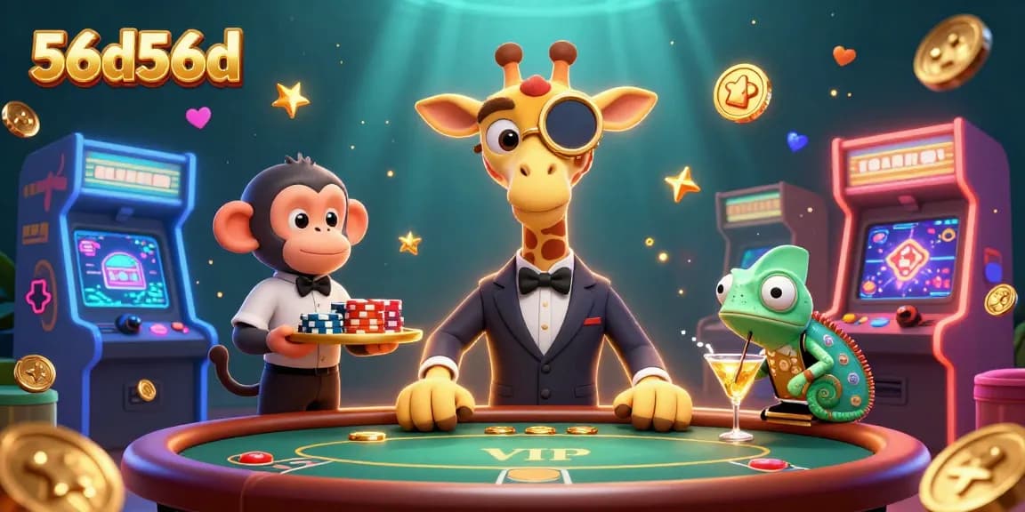 56d56d comenta uma cena vibrante de cassino com girafa, macaco e camaleão.
