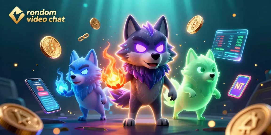 Engage in random video chat with vibrant characters amidst glowing crypto elements in a casino-themed setting.