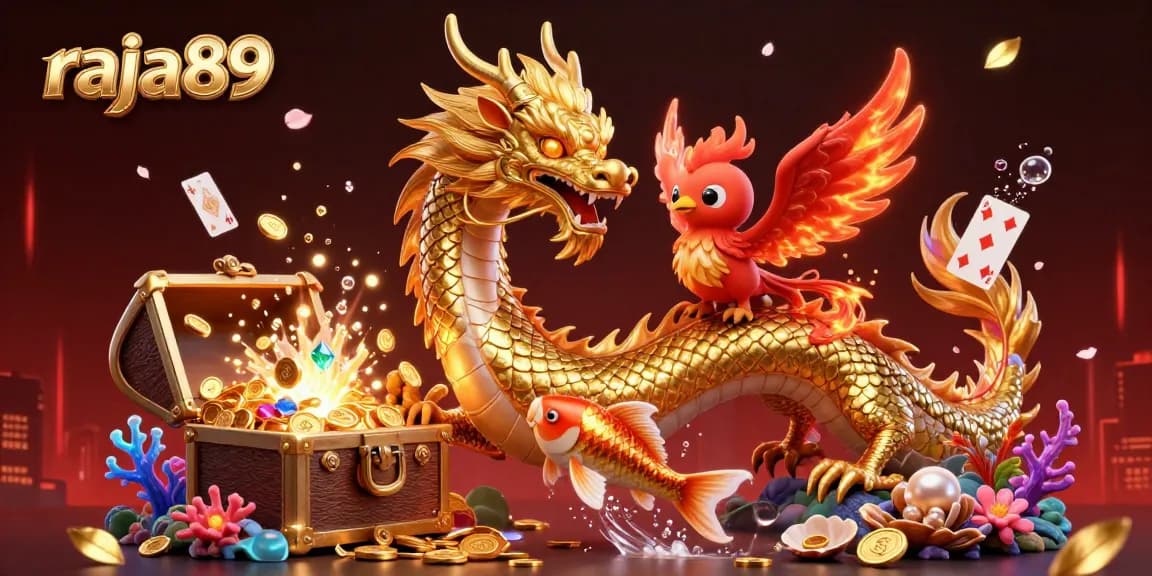 Engage with raja89 in an exciting scene filled with dynamic gaming elements and vibrant casino graphics.