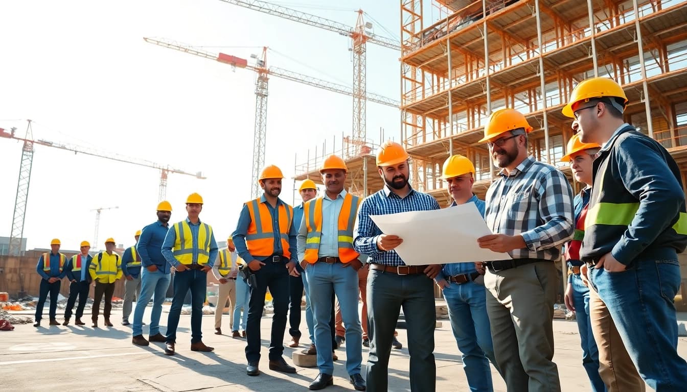 Demonstrating teamwork at a construction membership association, diverse professionals collaborate on a site plan.