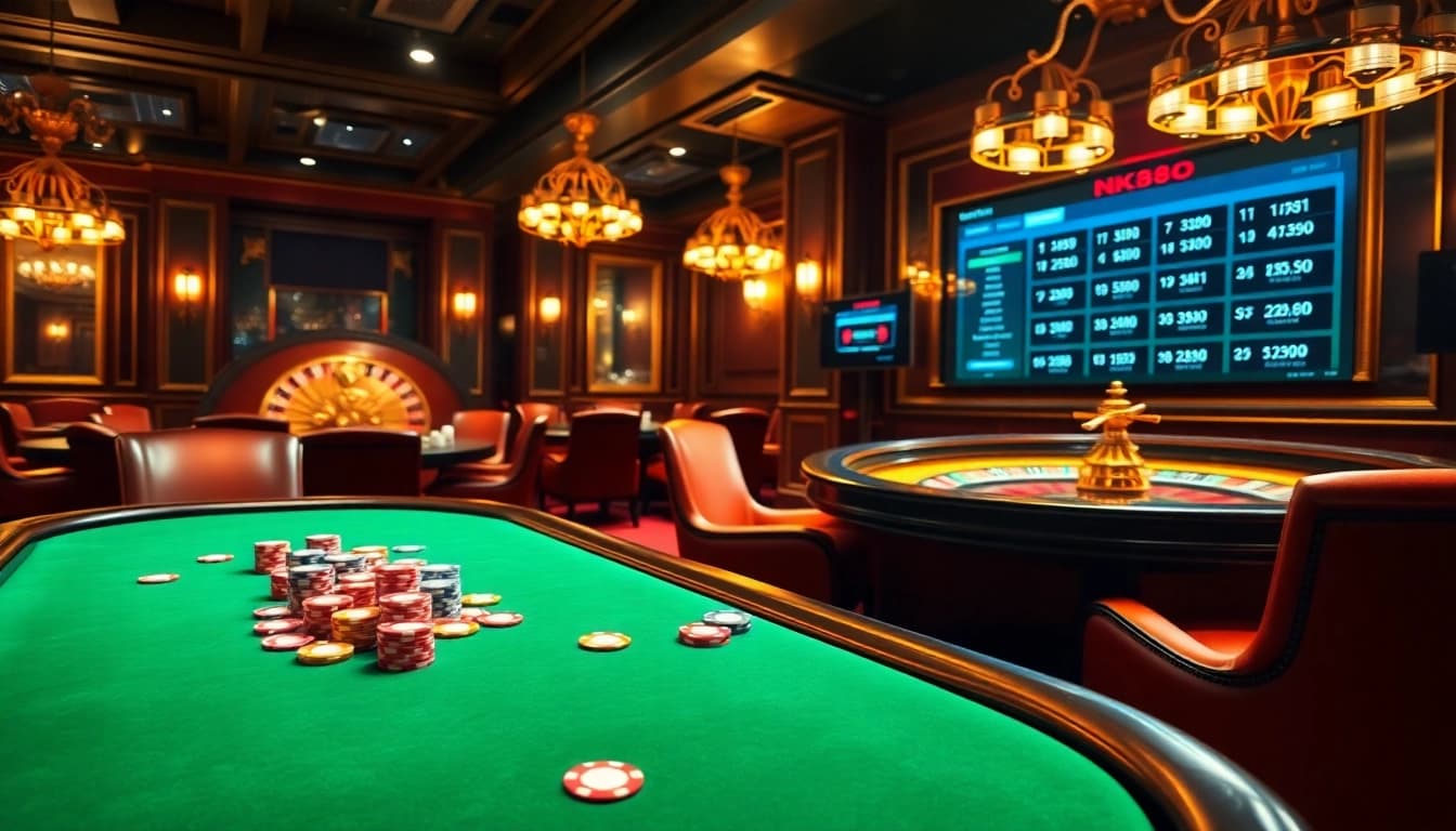 NK88 players enjoying a vibrant casino atmosphere with poker chips, cards, and roulette wheels.