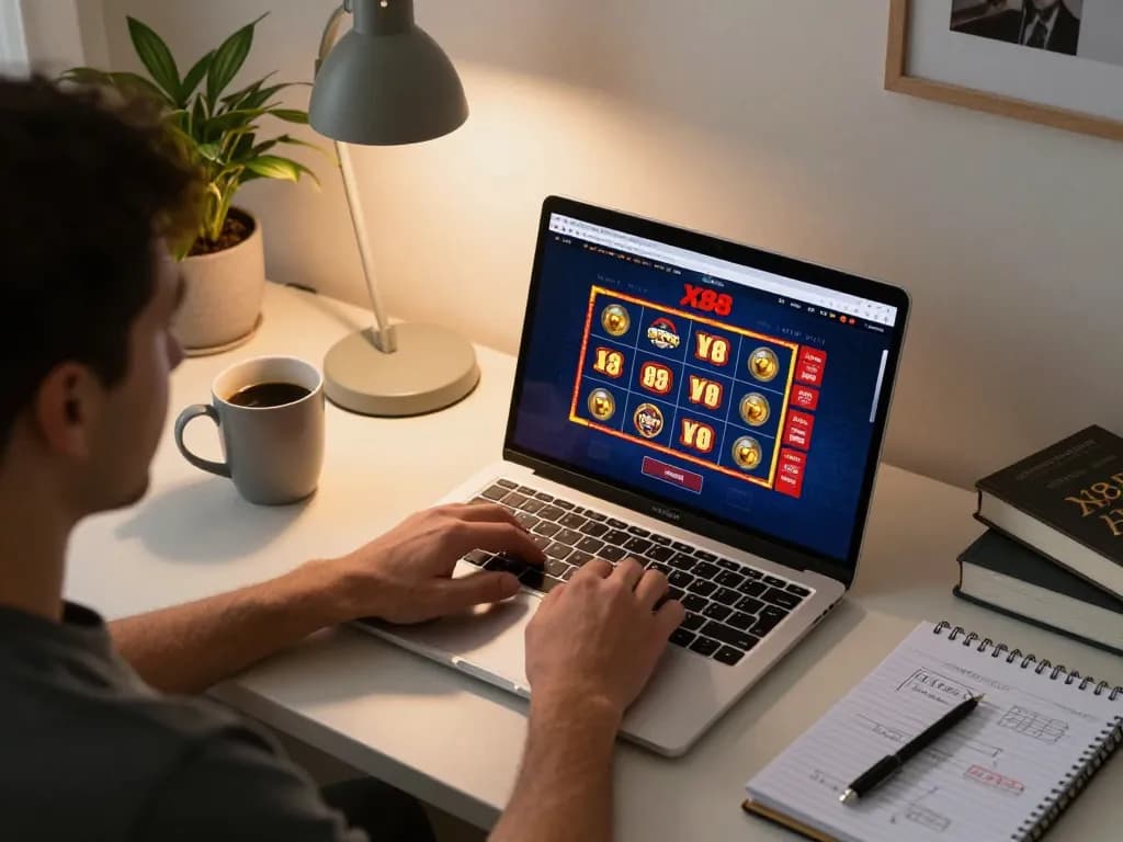 X88 online casino user engaging with slot games on their laptop in a cozy home setting