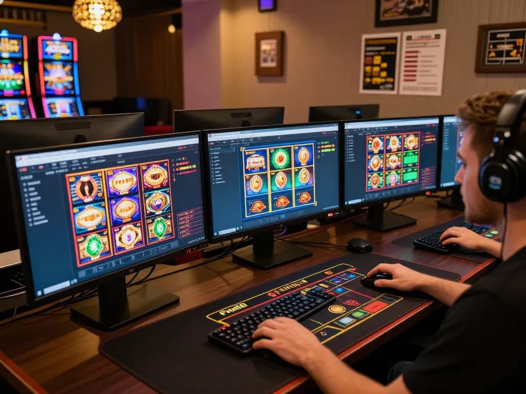 Engaging with Fun88's online casino through a sleek multi-monitor setup showcasing vibrant gaming options