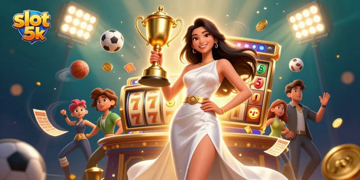 Win big with slot 5k featuring a victorious Asian woman in a dynamic casino scene.