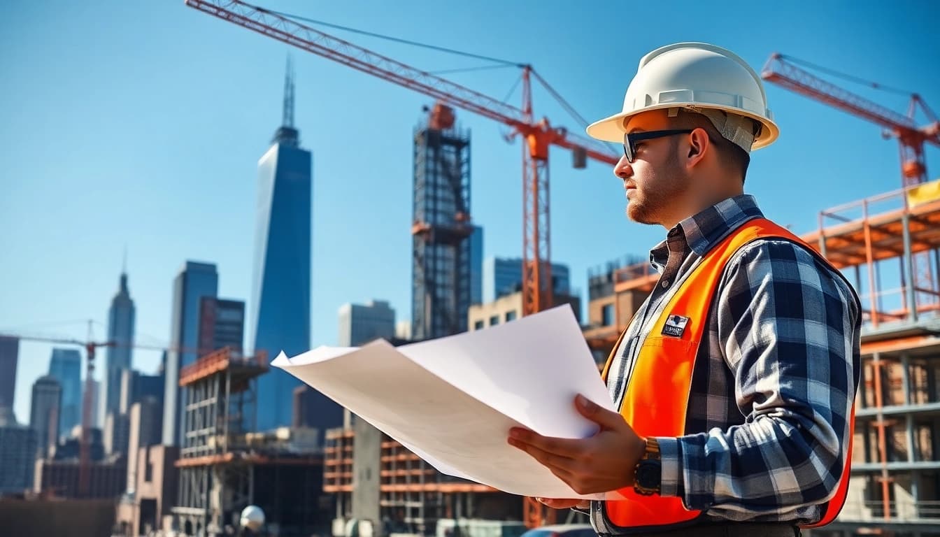 Manhattan General Contractor reviewing blueprints at a bustling construction site in Manhattan.