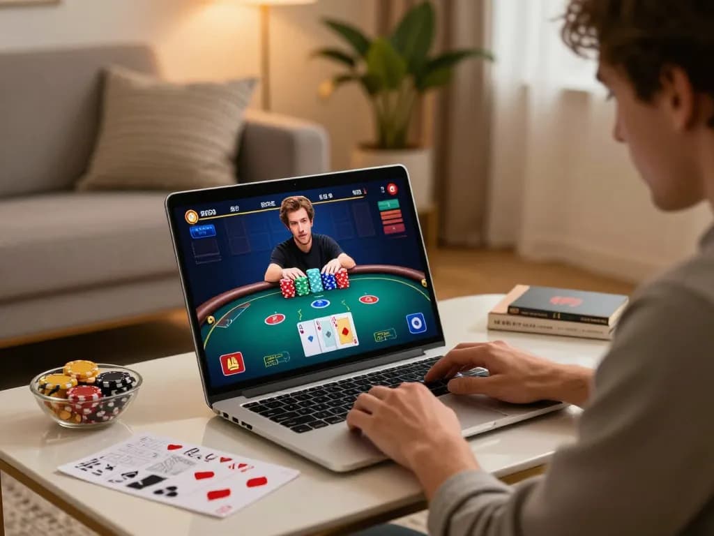 S666 player strategizing during an online poker session at home, showcasing immersive gameplay.