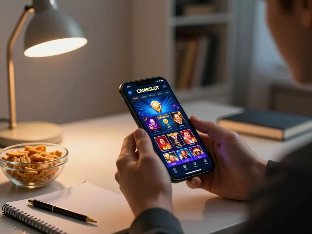 CEMESLOT gaming on smartphone with mobile app interface in a cozy home setting