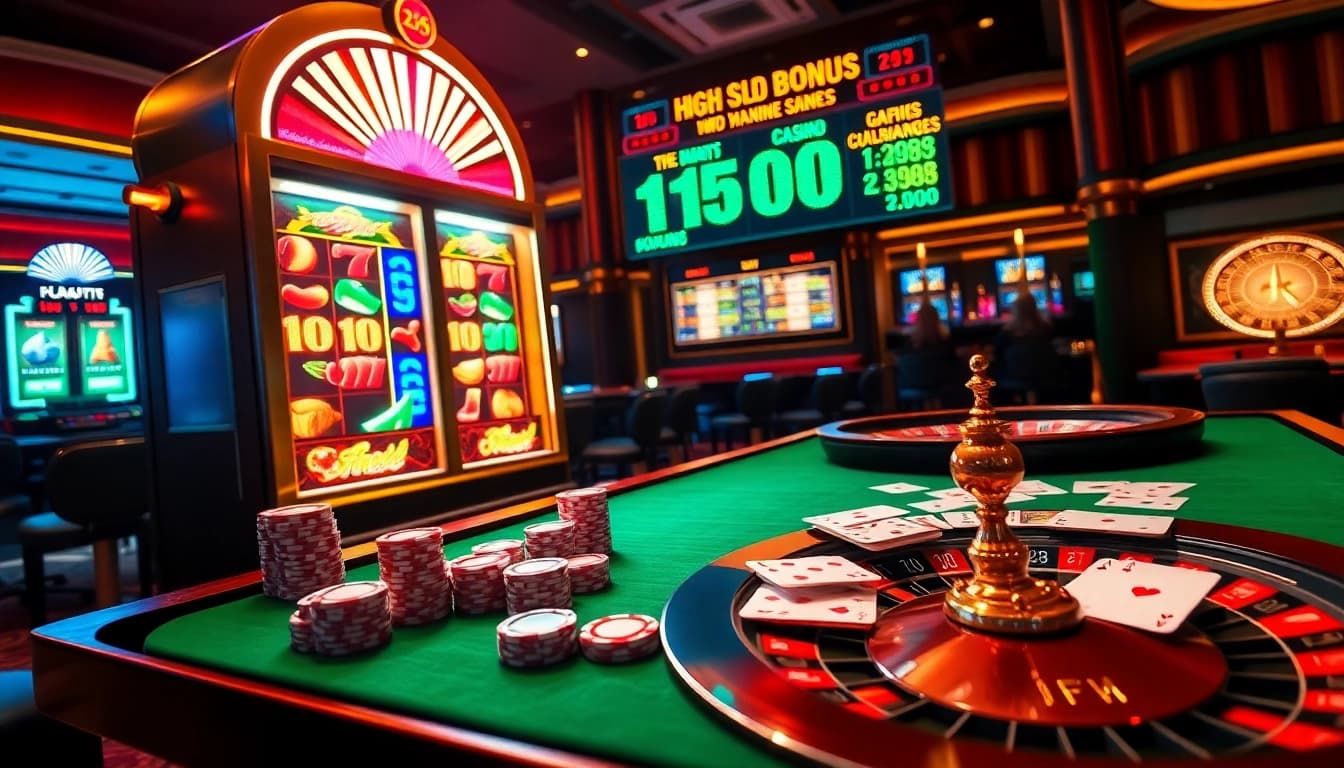 Promosi bonus slot yang menarik yang menampilkan mesin slot berwarna-warni dan elemen kasino yang dinamis.