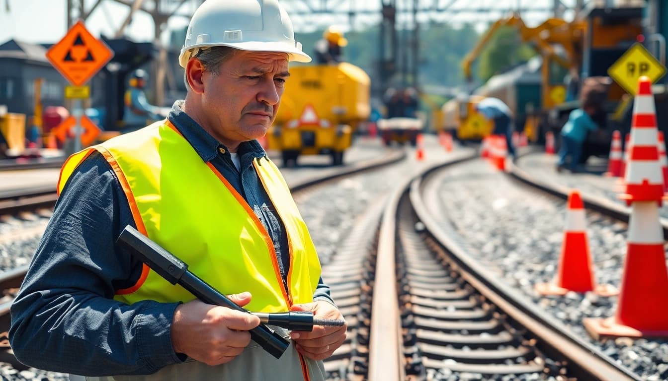 Engineer performing derailment repairs on railway tracks, highlighting focused effort and professionalism.