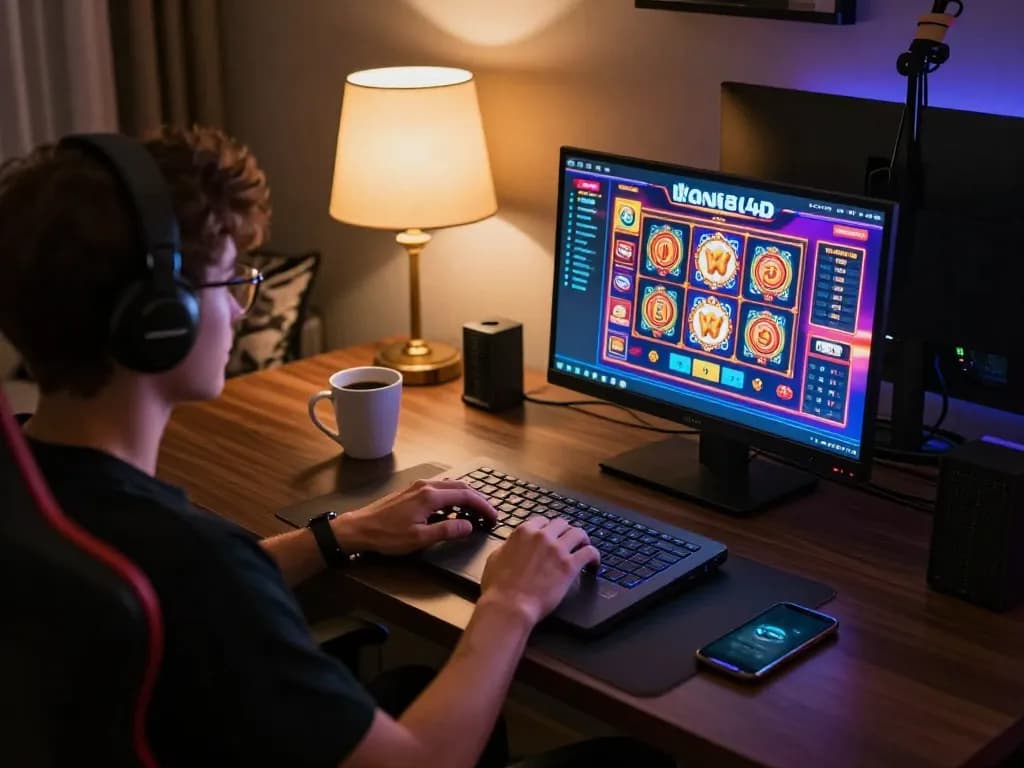 Seseorang menikmati pengalaman bermain aneka4d di laptop dalam pengaturan rumah yang nyaman