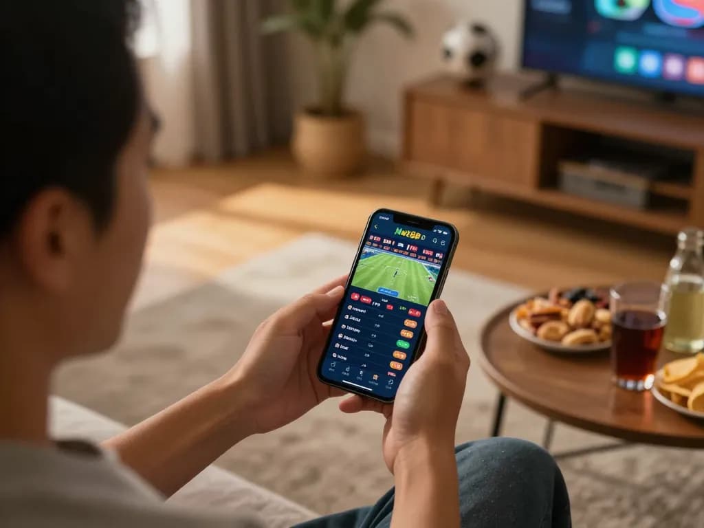 Person engaging in sports betting on Net88 app with live odds displayed on smartphone