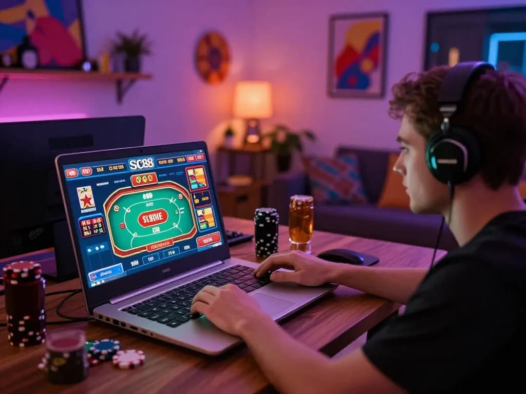 Player enjoying SC88 casino games on a laptop, highlighting the interactive online gambling experience.
