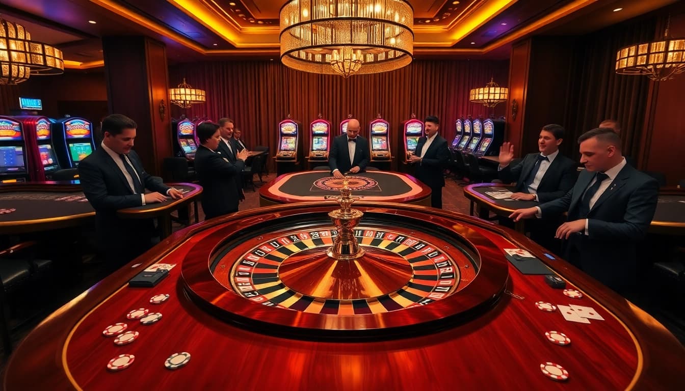 Players enjoying a vibrant roulette game with LUCK8 branding in a luxurious casino setting.