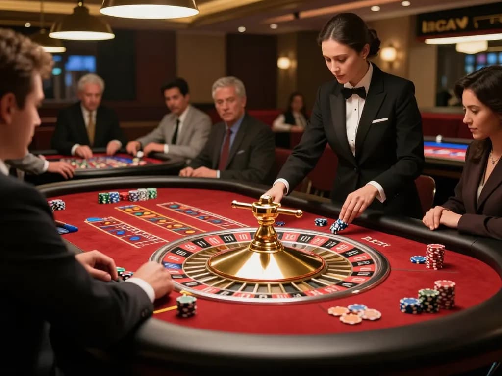 Players engaging in a high-stakes roulette game at tr88's luxurious casino experience.