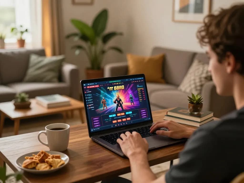 Engaging with rr 88's online casino interface while enjoying a cozy gaming setup at home