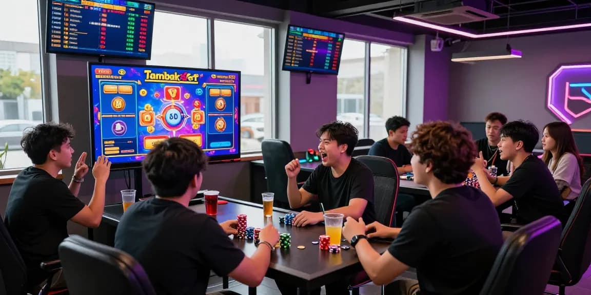 Exciting scene of players enjoying tambakbet slot games in a vibrant gaming lounge with engaging atmosphere.