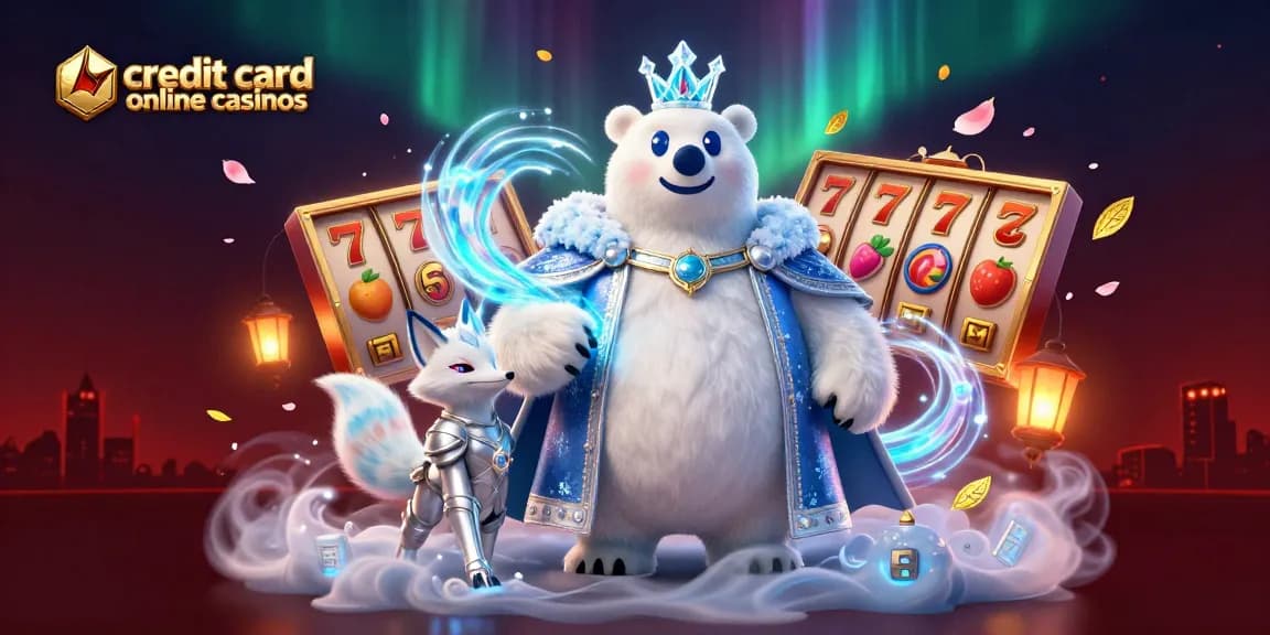 Join the excitement of credit card online casinos with a vibrant 3D scene featuring a polar bear king and winning slots.