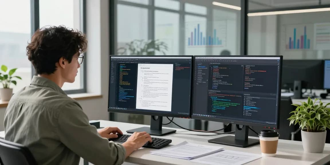 Data scientist using advanced tech to detect fraud in PDF documents in a modern workspace.