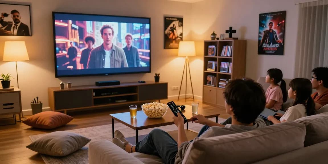 Pikashow streaming movie night with family on a cozy sofa, popcorn and drinks present