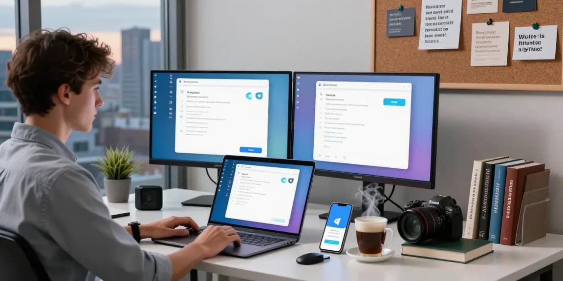 Enhance your digital communication with Telegram Download: modern workspace featuring Telegram app on dual monitors and smartphone.