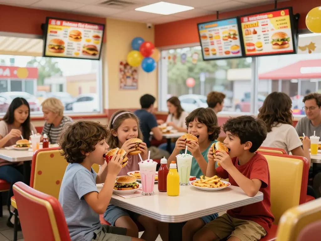 Exciting fast food prices displayed in a busy restaurant with families enjoying meals.