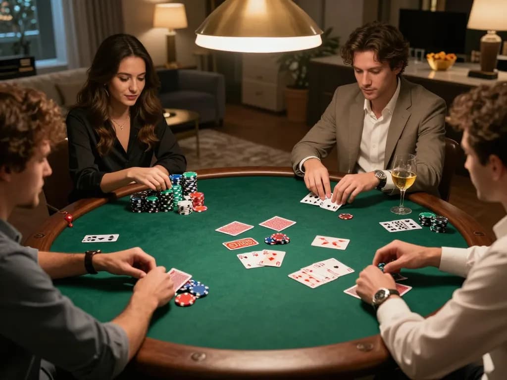 Players enjoy a lively poker game at home with 40WIN, showcasing strategy and friendly competition.