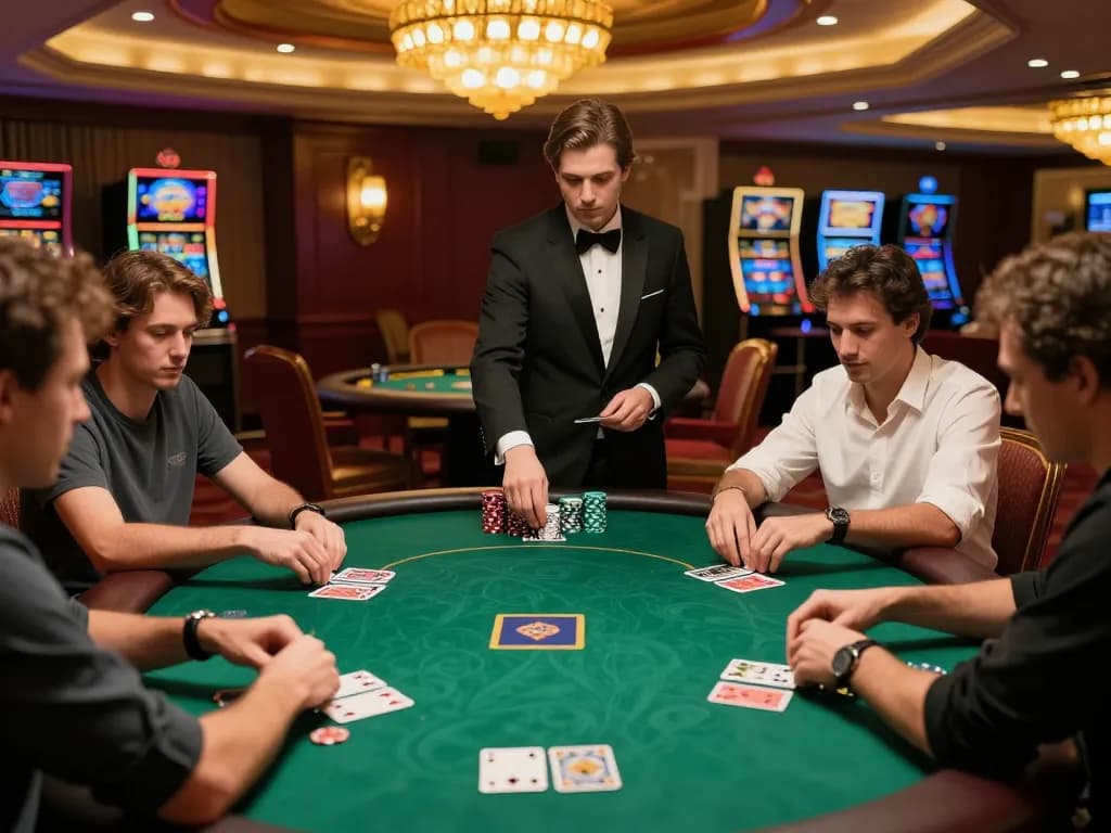 Players engaged in a strategic game of poker at MAX88 casino, vibrant atmosphere enhancing gameplay.