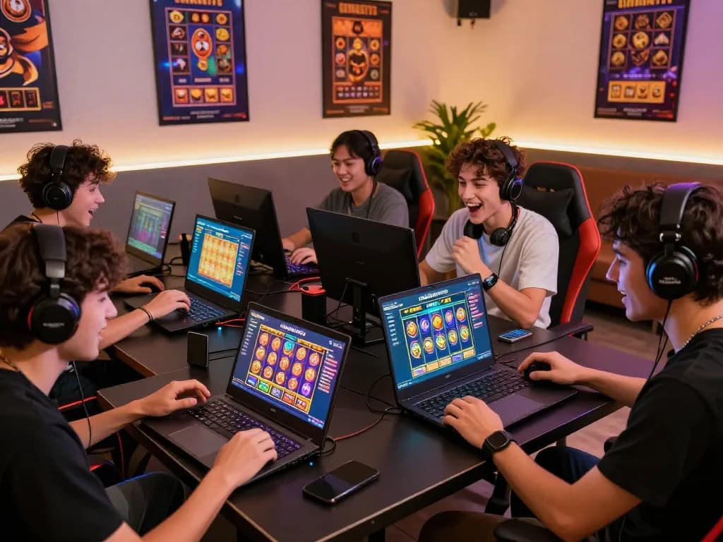 CEMARATOTO gaming community session with players engaging through devices and vibrant slot game graphics.