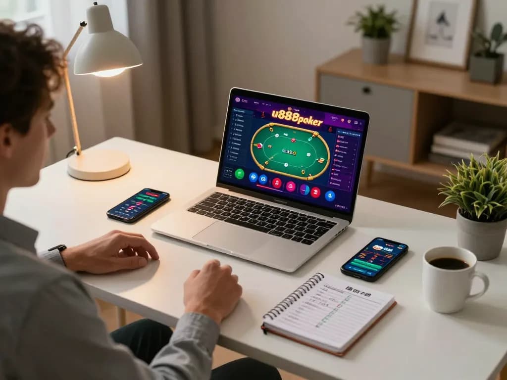 Playing online poker at home with u888poker interface displayed on laptop, promoting strategic gaming.