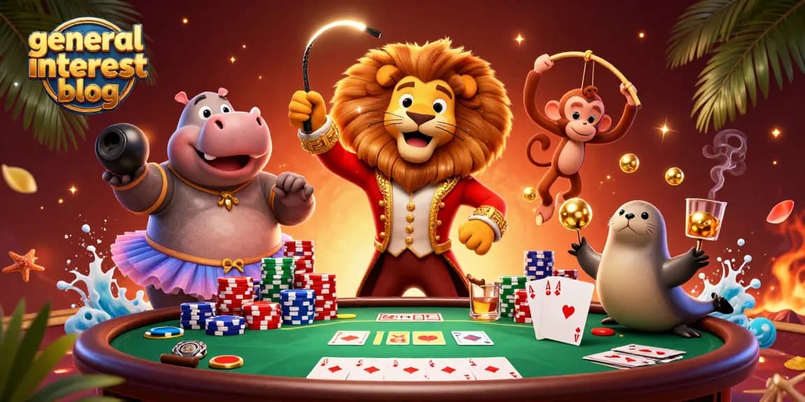 Join the vibrant scene of a general interest blog with a circus lion, poker elements and engaging details.