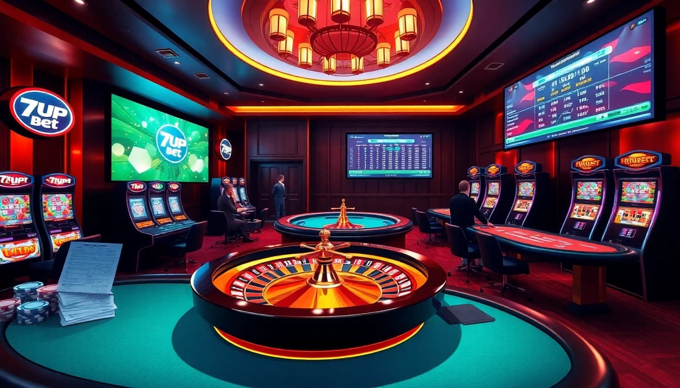 Engaging scene of 7upbet online casino featuring roulette, poker, and vibrant slot machines.