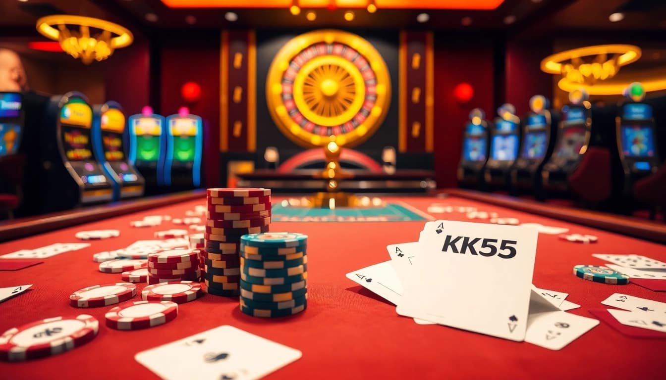 Experience the thrill of excitement at the KK55 gambling table with vibrant chips and cards.