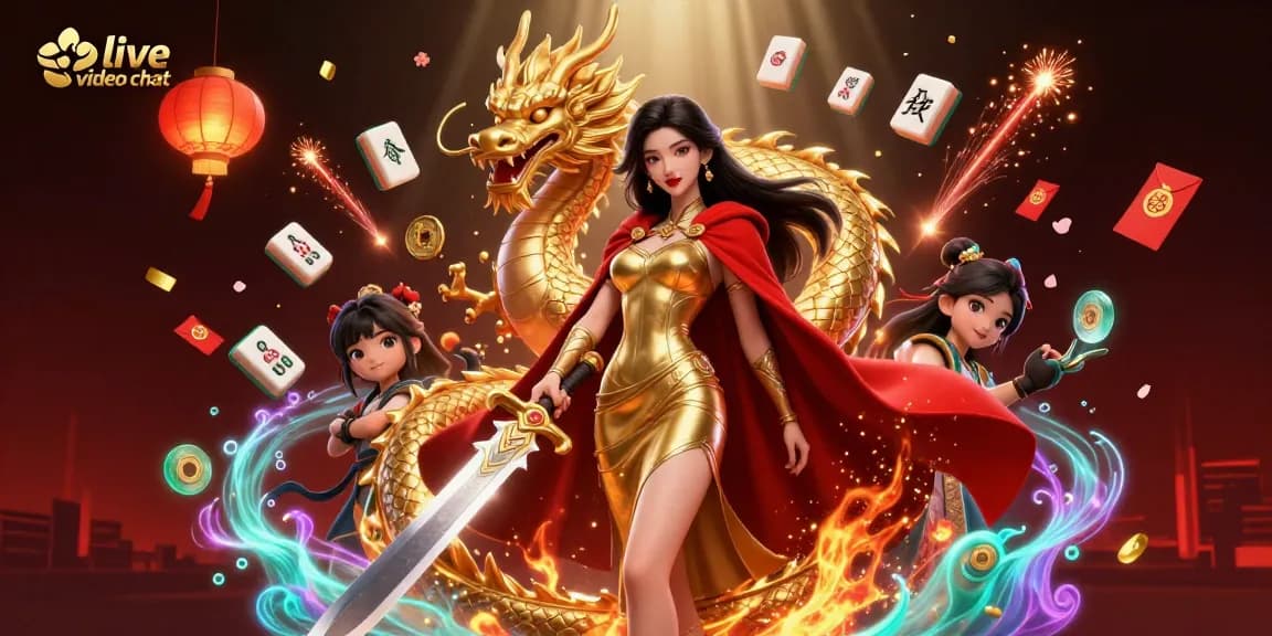 Engage in live video chat with stunning visuals of a warrior queen in a vibrant casino setting.