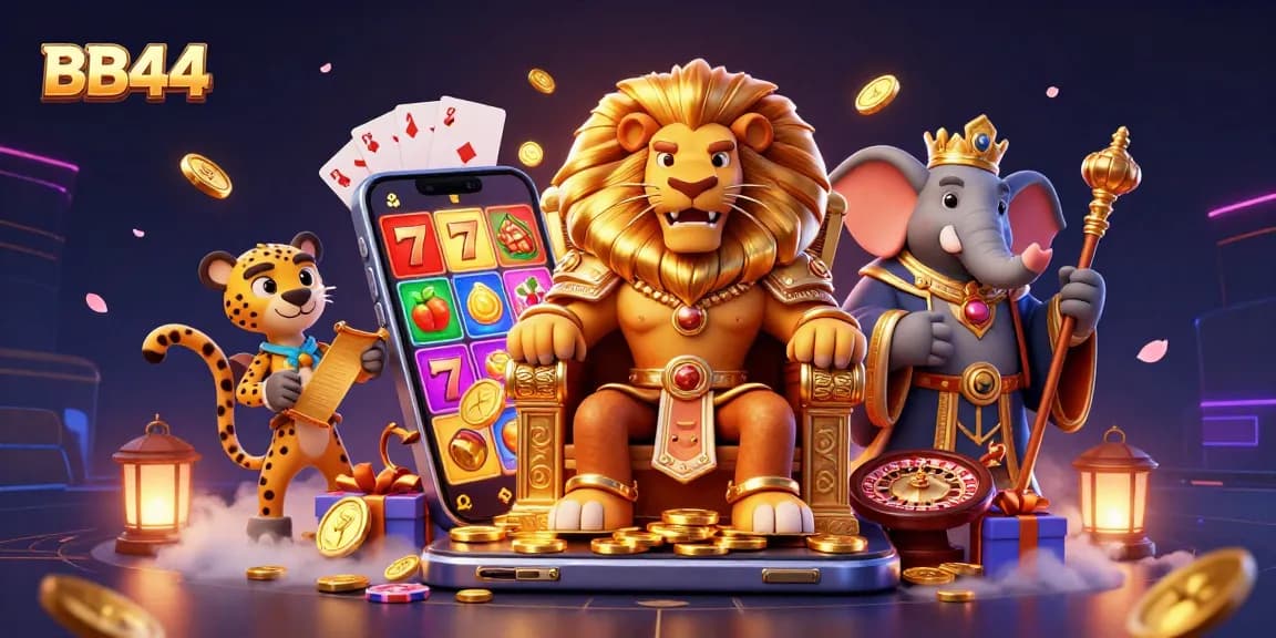 BB44 casino experience with dynamic gaming elements and cartoon characters in a colorful 3D illustration.