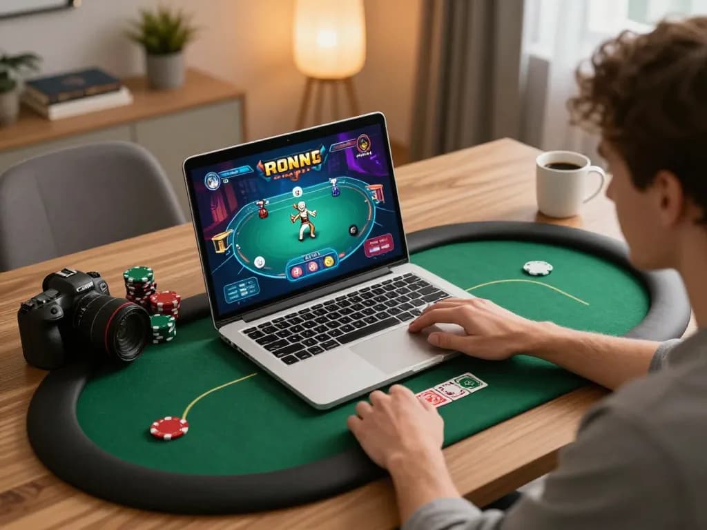 Player enjoying poker on RR88 platform in a cozy home office.