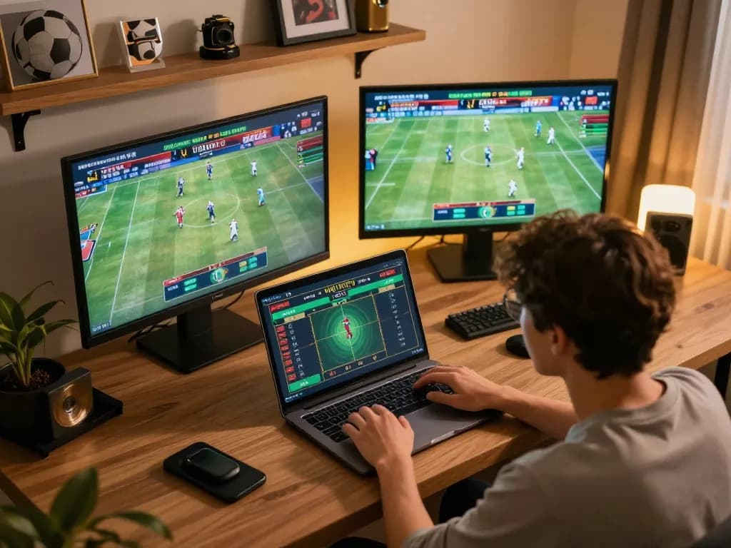 Engaged player placing a winning bet on Vsbet online sports gambling platform during live match.
