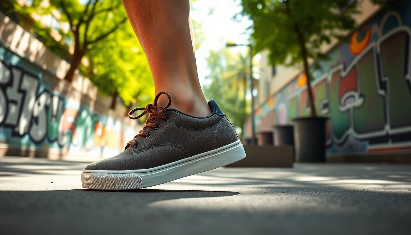 Zapatillas casual hombre mostradas en un entorno urbano vibrante y moderno.