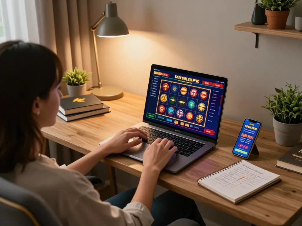 Berinteraksi dengan akun demo di platform kasino online yang menampilkan grafik permainan slot yang hidup dan catatan strategis.