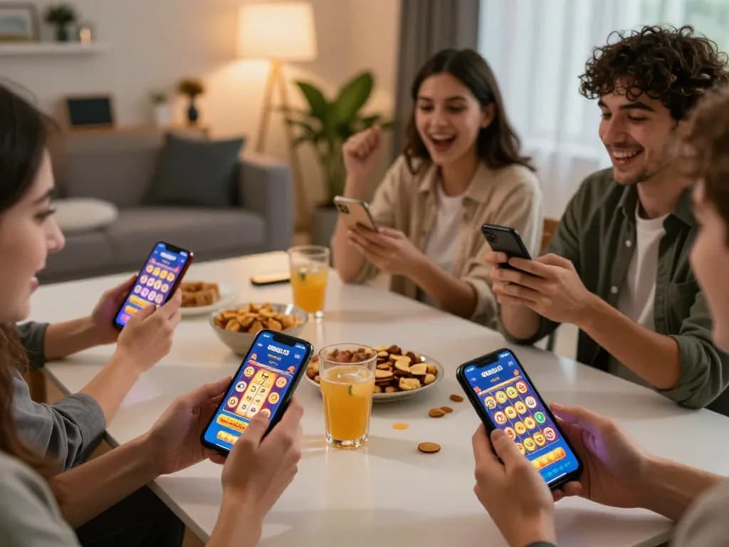 Players enjoying online slot games on OKESLOT app in a cozy home setting
