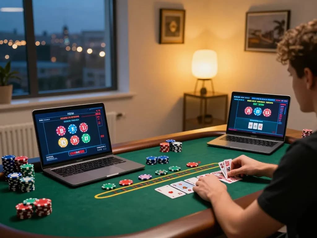 Kuwin player placing bets at live dealer blackjack table on a laptop, emphasizing strategic online gaming.