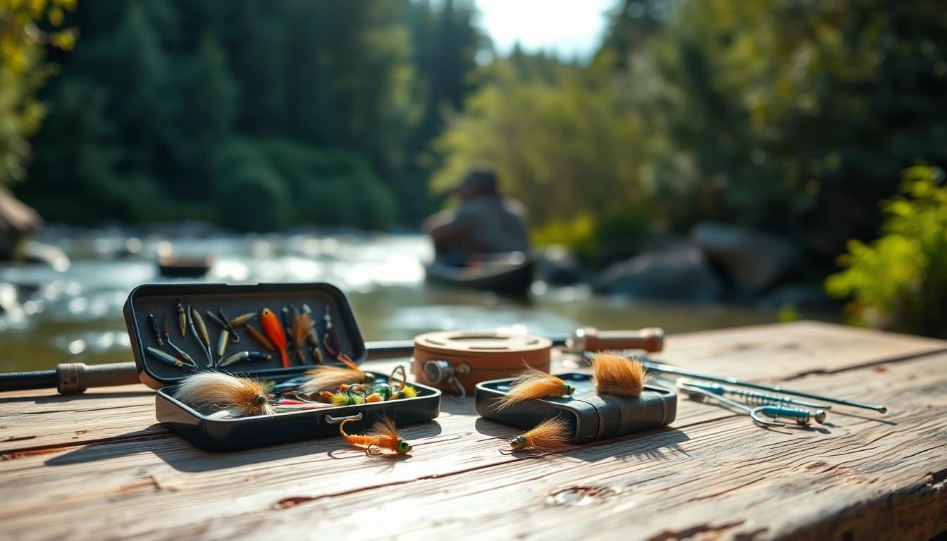 Showcase of fly fishing accessories with vibrant lures and gear at a riverbank.