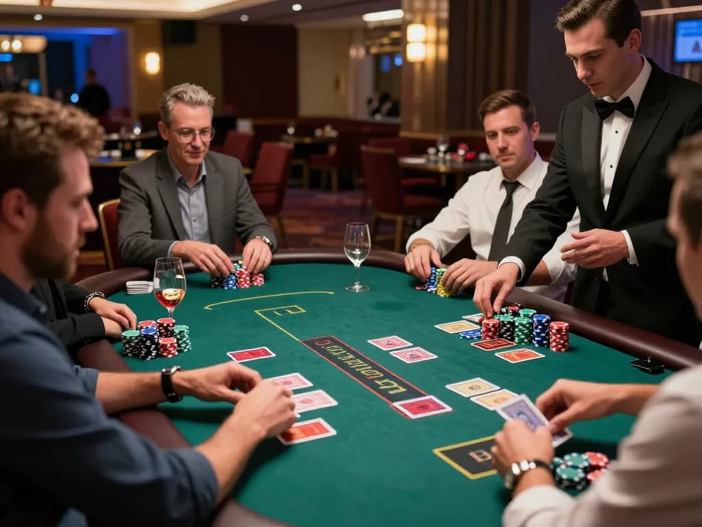 Red88 blackjack players strategizing with cards and chips in a luxurious casino setting