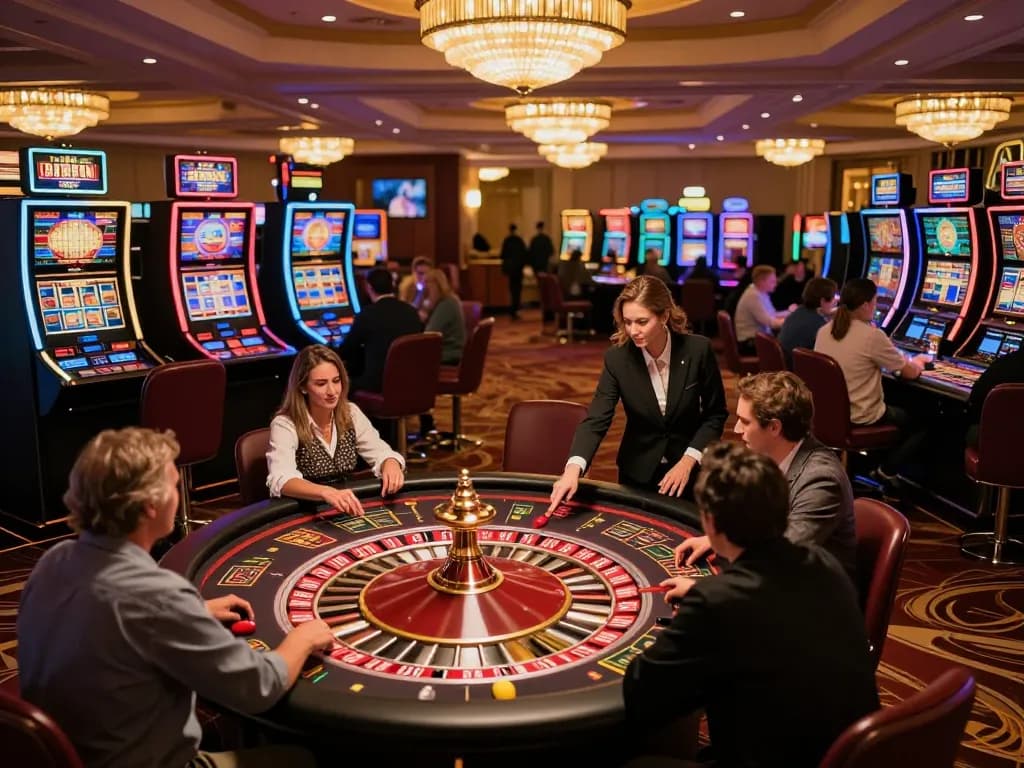 Luck8 players engaging at the roulette table in an exciting casino atmosphere, vibrant and colorful